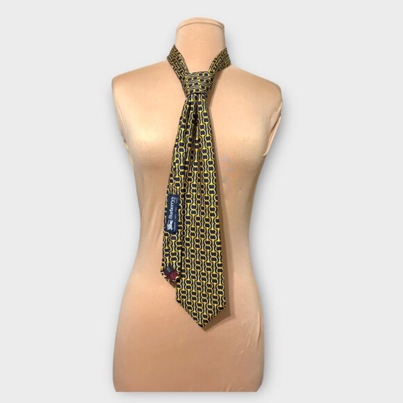 Burberry Horsebit Tie Navy Blue Yellow Silk Classic Preppy Authentic Necktie EUC - Picture 7 of 8